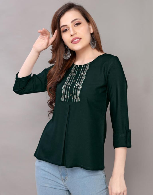 Bottle Green Embroidered Top | Sudathi