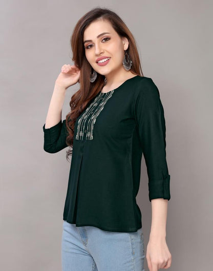 Bottle Green Embroidered Top | Sudathi