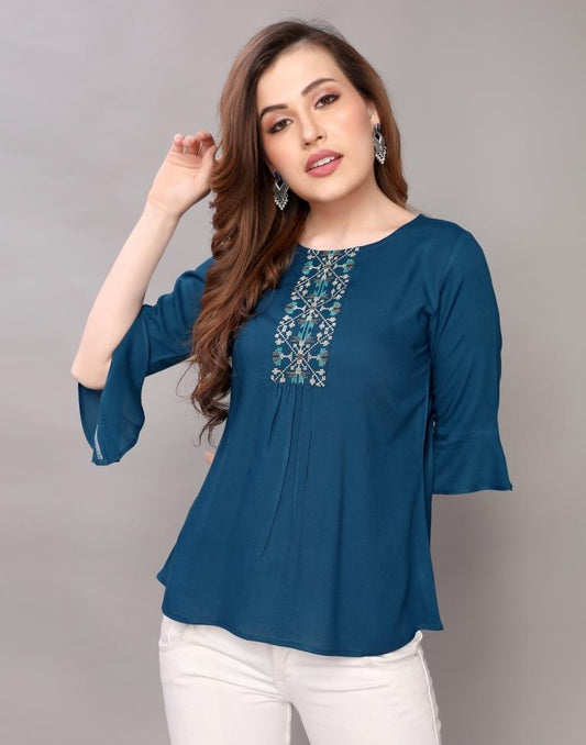 Prussian Blue Coloured Embroidered Rayon Top | Sudathi