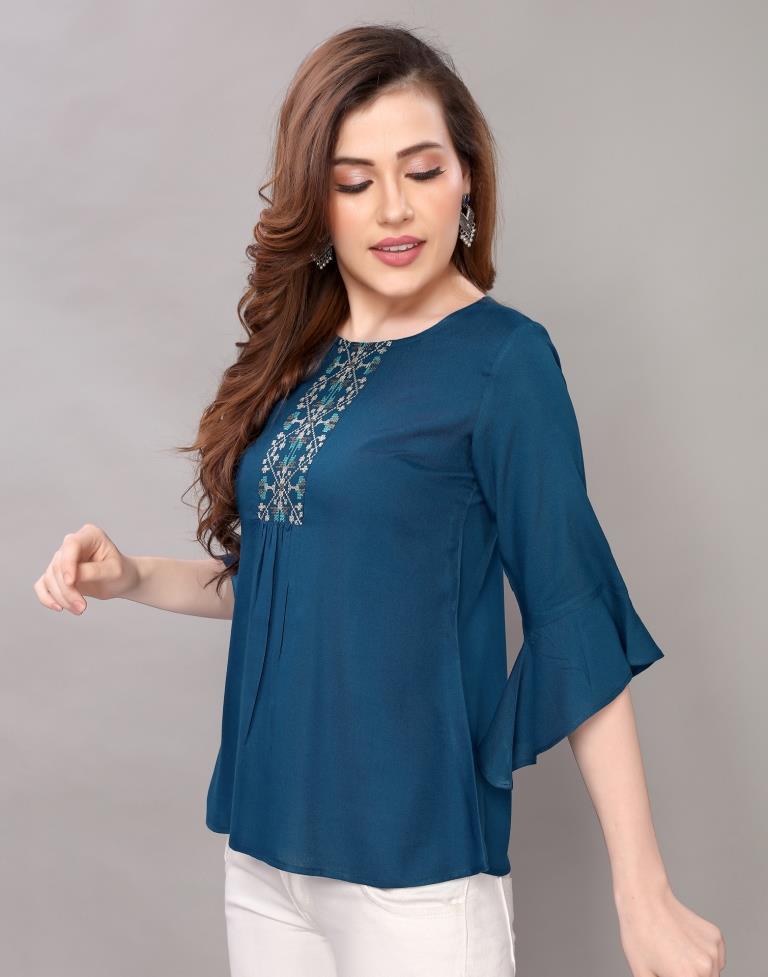 Prussian Blue Coloured Embroidered Rayon Top | Sudathi