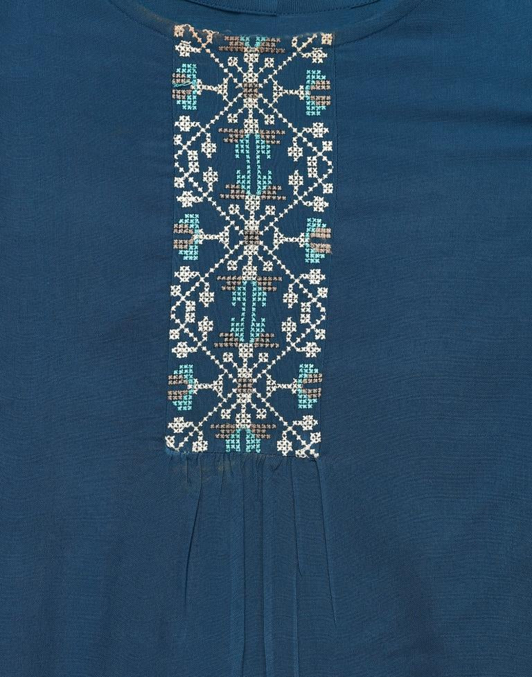 Prussian Blue Coloured Embroidered Rayon Top | Sudathi