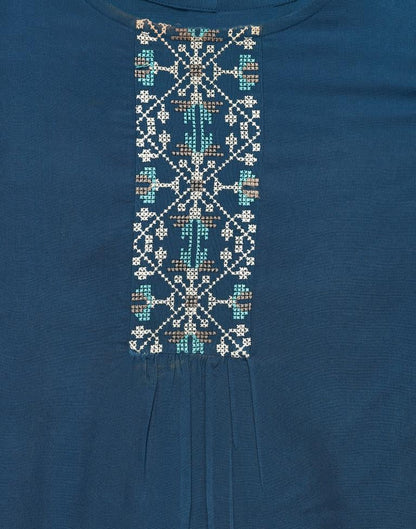 Prussian Blue Coloured Embroidered Rayon Top | Sudathi