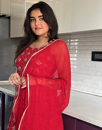 Maroon Chinnon Embroidery Straight Kurta With Pant And Dupatta