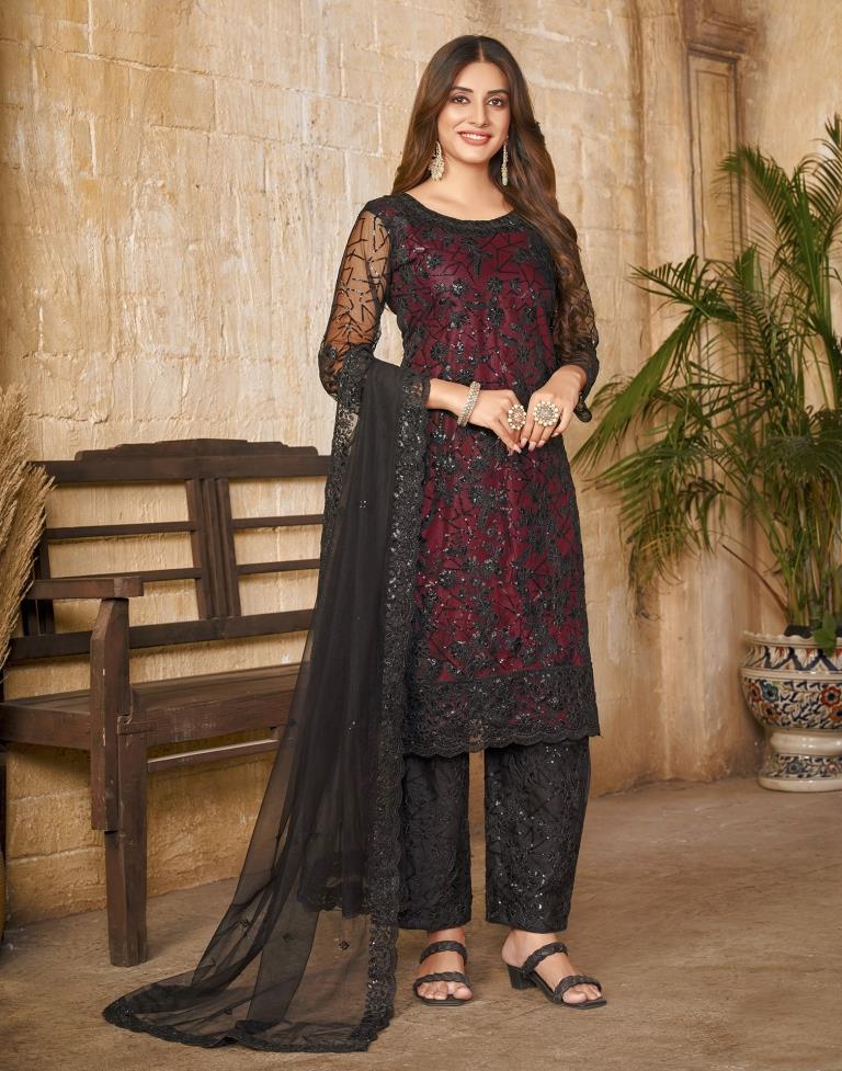 Black Plain Net Unstitched Salwar Suit Material