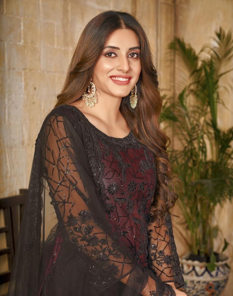 Black Plain Net Unstitched Salwar Suit Material
