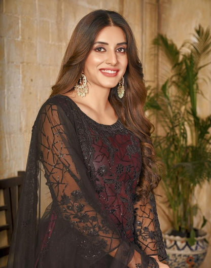 Black Plain Net Unstitched Salwar Suit Material
