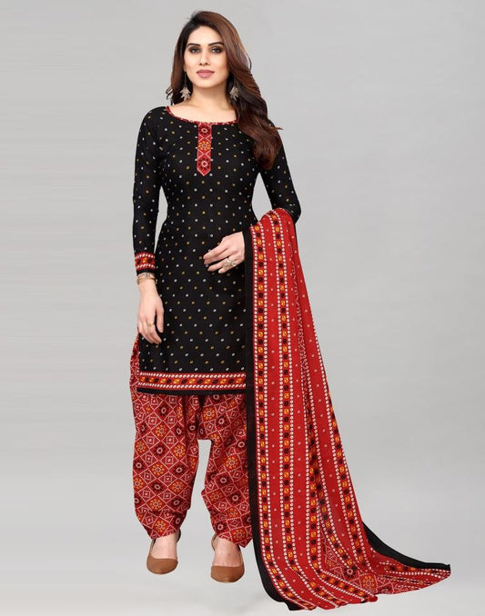 Black Printed Cotton Unstitched Salwar Suit Material