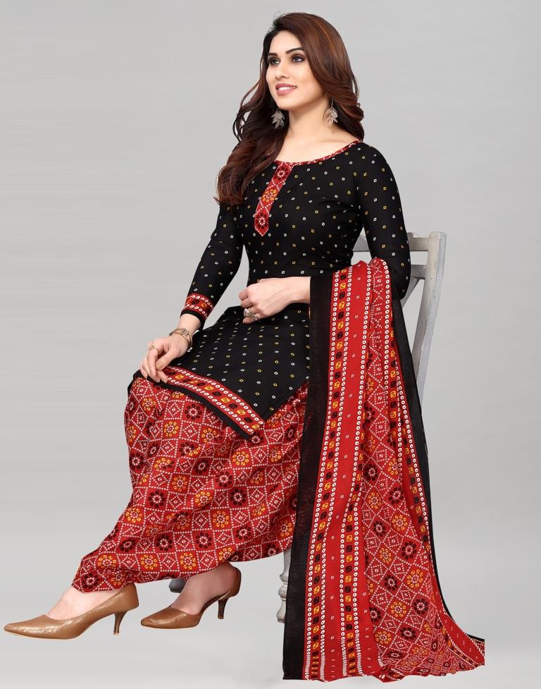 Black Printed Cotton Unstitched Salwar Suit Material