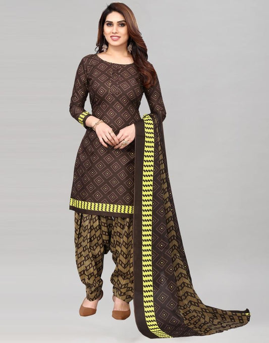 Brown Printed Cotton Unstitched Salwar Suit Material