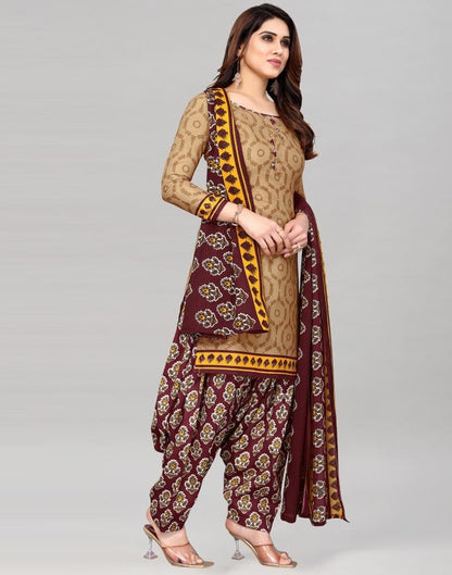 Light Brown Printed Cotton Unstitched Salwar Suit Material