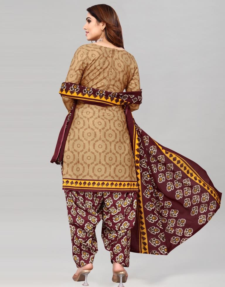 Light Brown Printed Cotton Unstitched Salwar Suit Material