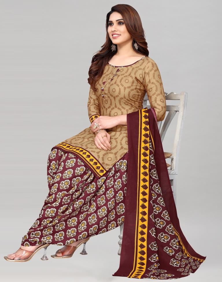 Light Brown Printed Cotton Unstitched Salwar Suit Material