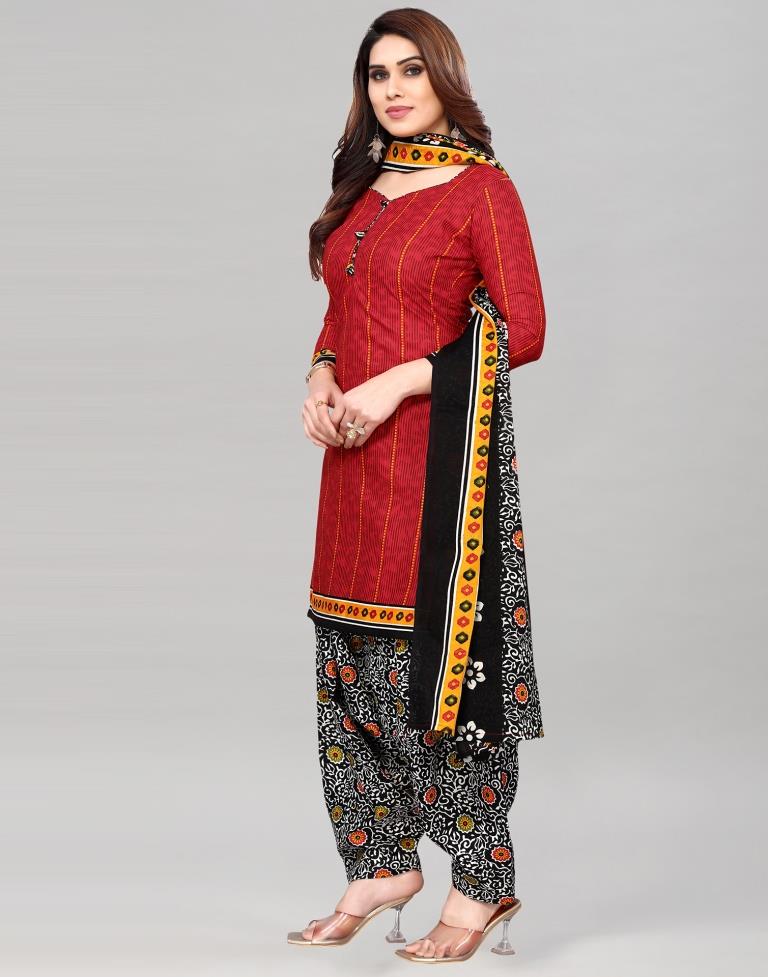 Red Printed Cotton Unstitched Salwar Suit Material