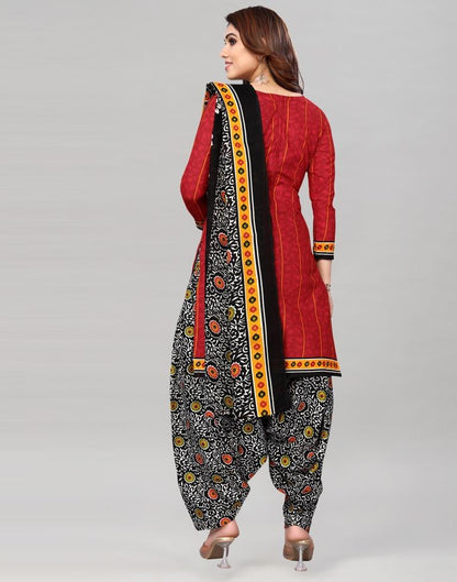 Red Printed Cotton Unstitched Salwar Suit Material