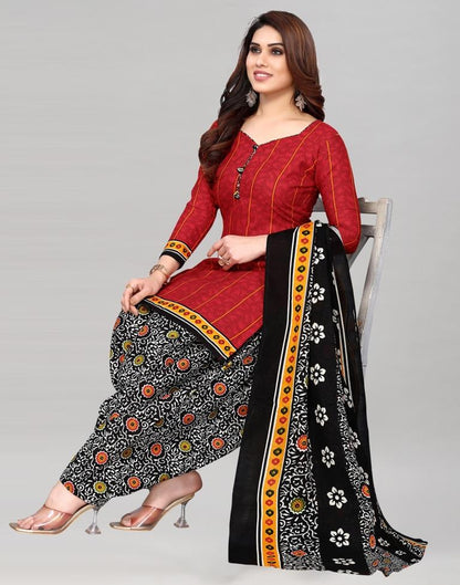 Red Printed Cotton Unstitched Salwar Suit Material