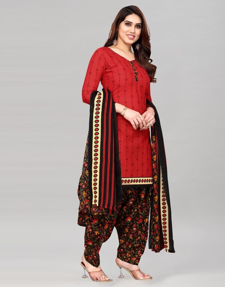 Red Printed Cotton Unstitched Salwar Suit Material