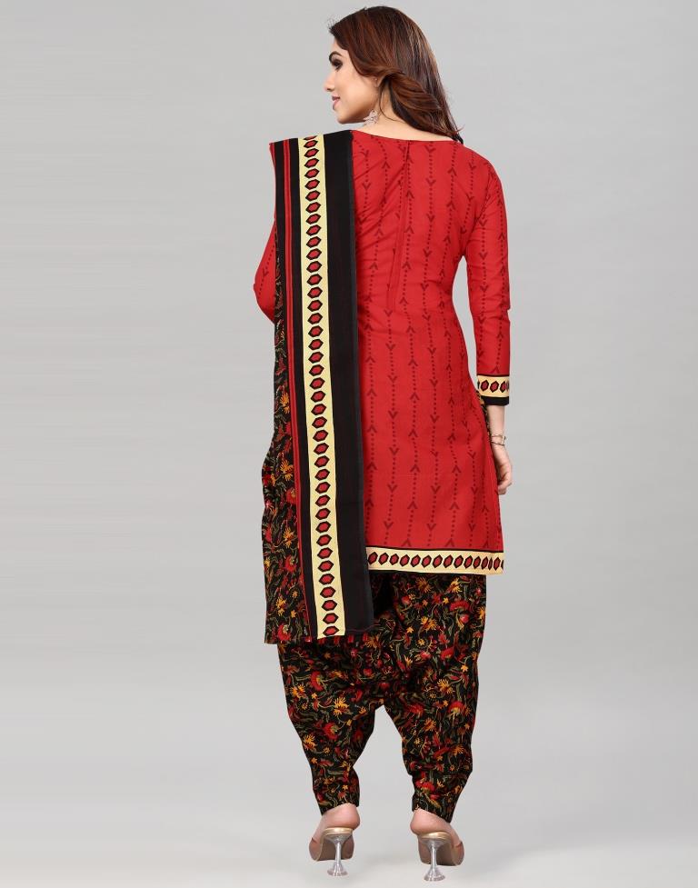 Red Printed Cotton Unstitched Salwar Suit Material