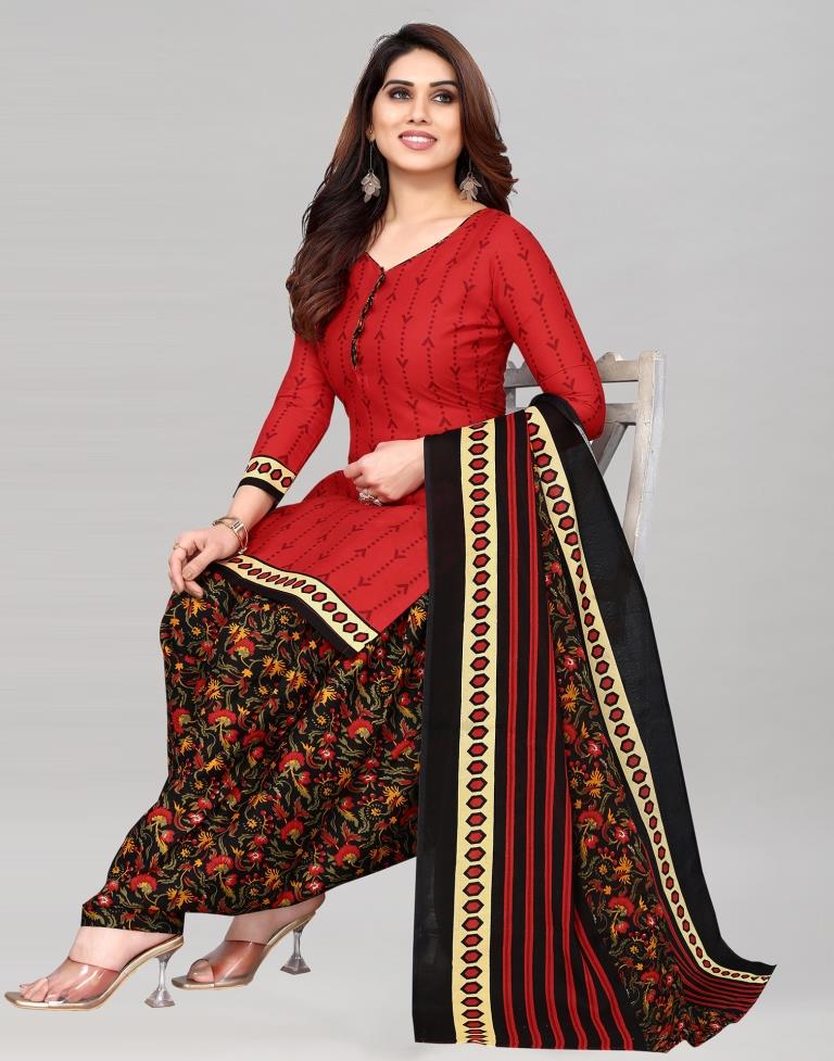 Red Printed Cotton Unstitched Salwar Suit Material