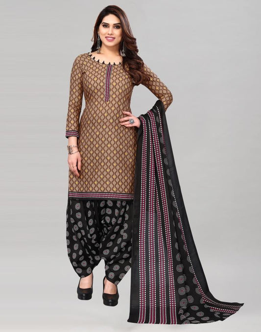 Light Brown Printed Cotton Unstitched Salwar Suit Material