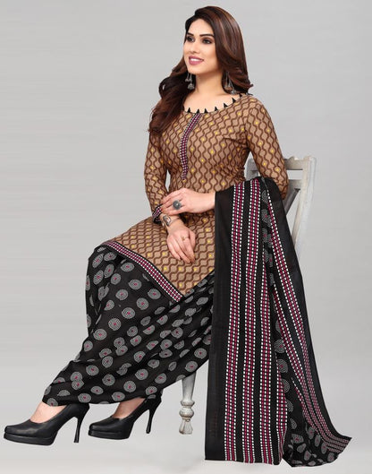 Light Brown Printed Cotton Unstitched Salwar Suit Material