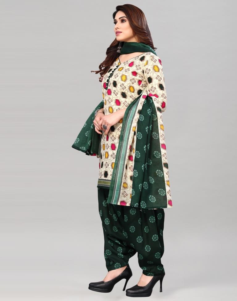 Cream Printed Cotton Unstitched Salwar Suit Material