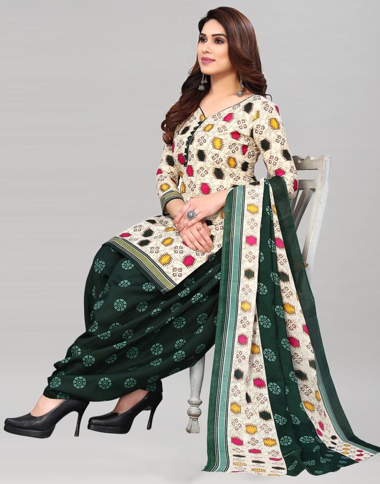 Cream Printed Cotton Unstitched Salwar Suit Material