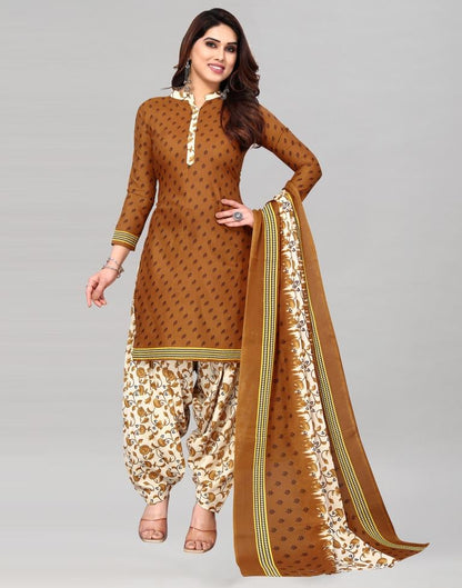 Brown Printed Cotton Unstitched Salwar Suit Material