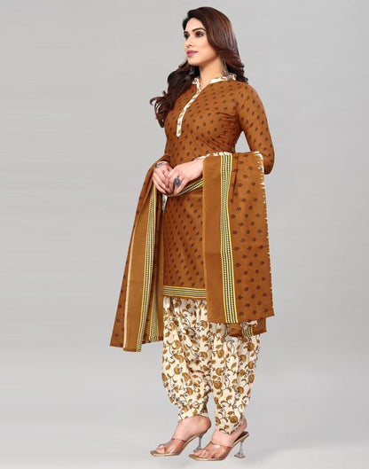 Brown Printed Cotton Unstitched Salwar Suit Material