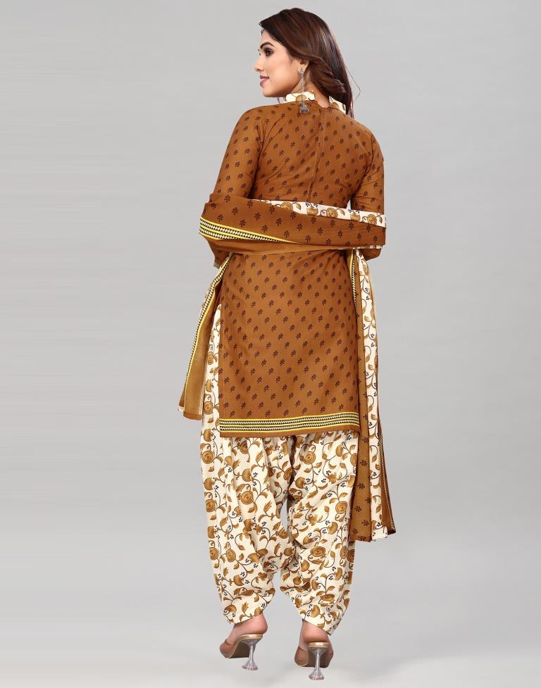 Brown Printed Cotton Unstitched Salwar Suit Material