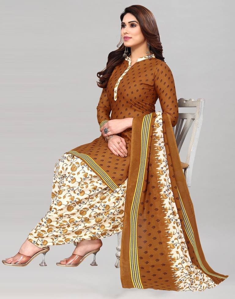 Brown Printed Cotton Unstitched Salwar Suit Material