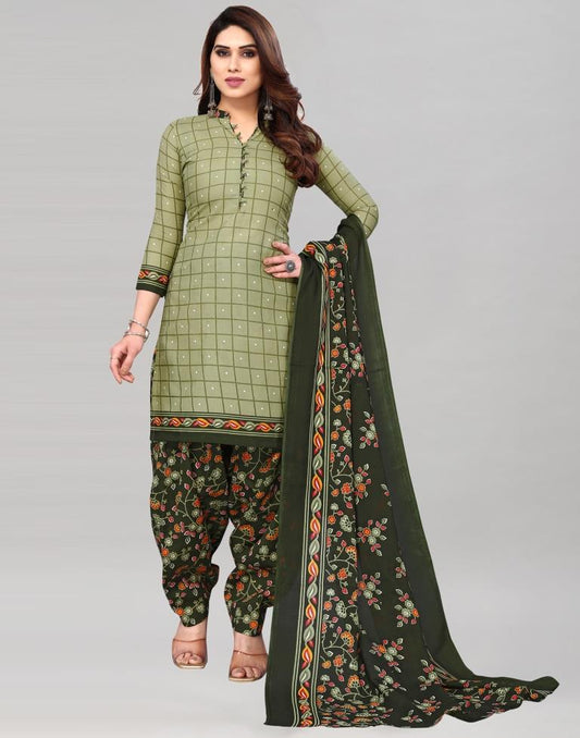 Light Green Printed Cotton Unstitched Salwar Suit Material