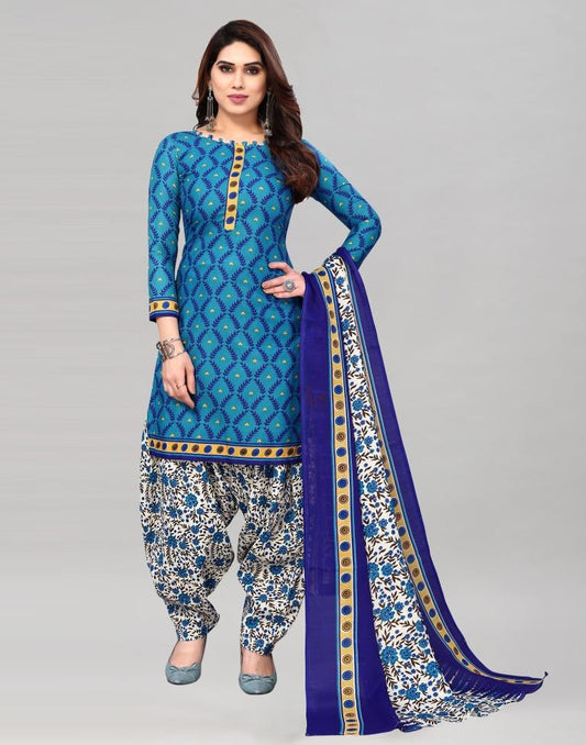 Blue Printed Cotton Unstitched Salwar Suit Material