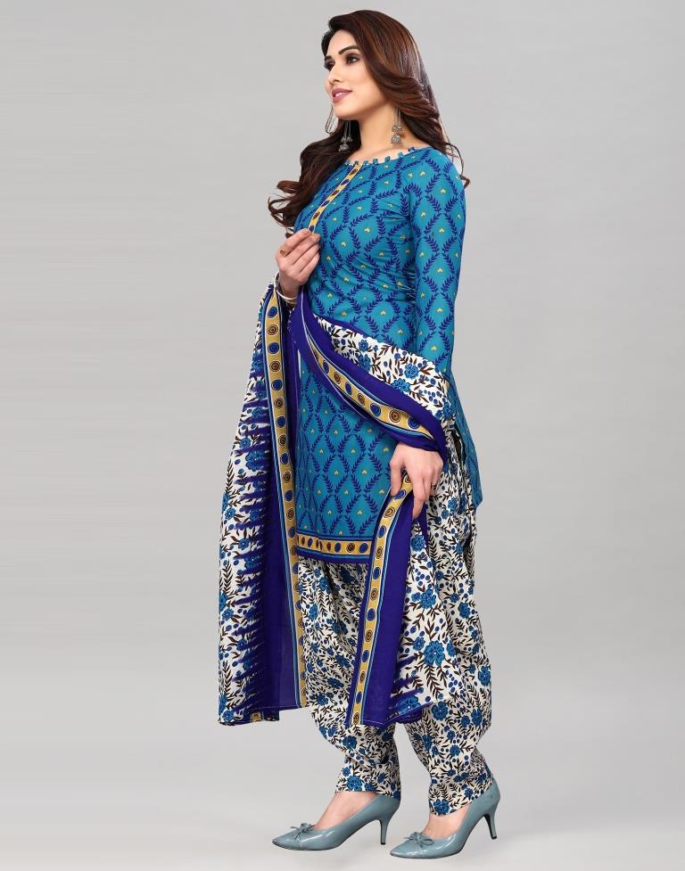 Blue Printed Cotton Unstitched Salwar Suit Material