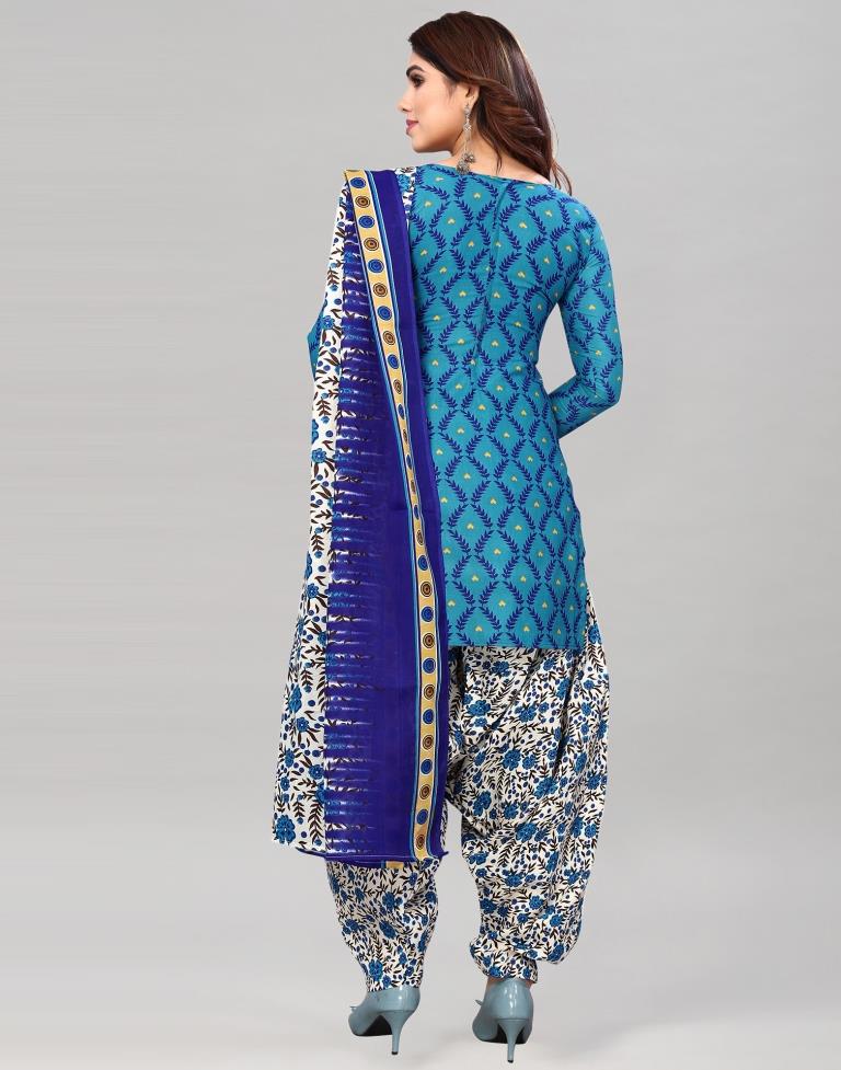 Blue Printed Cotton Unstitched Salwar Suit Material