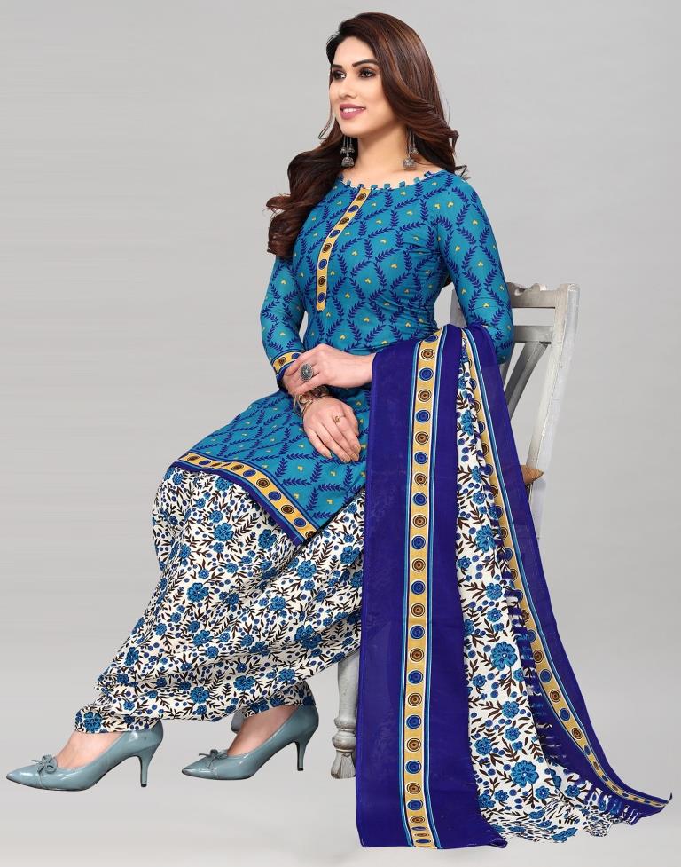 Blue Printed Cotton Unstitched Salwar Suit Material