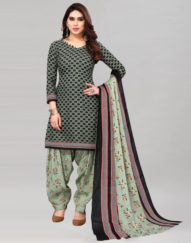 Dark Green Printed Cotton Unstitched Salwar Suit Material