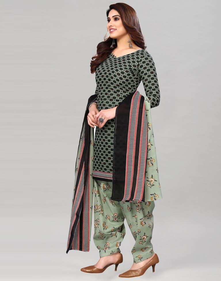 Dark Green Printed Cotton Unstitched Salwar Suit Material