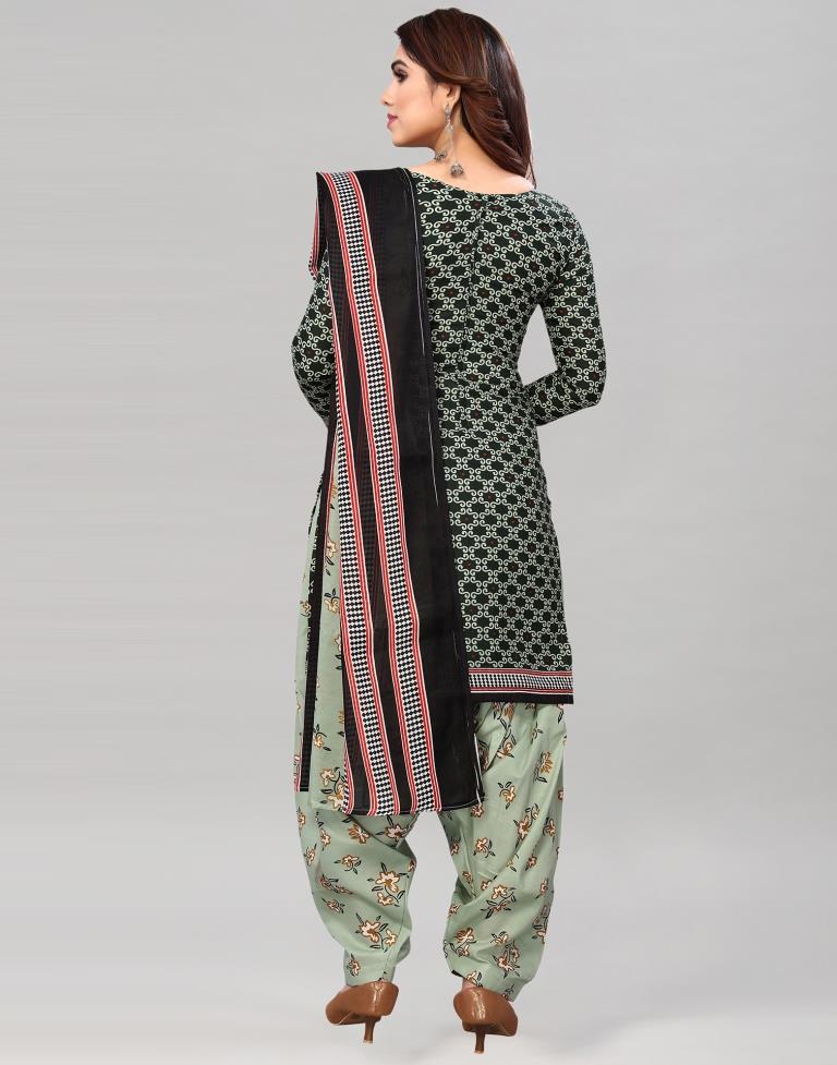 Dark Green Printed Cotton Unstitched Salwar Suit Material