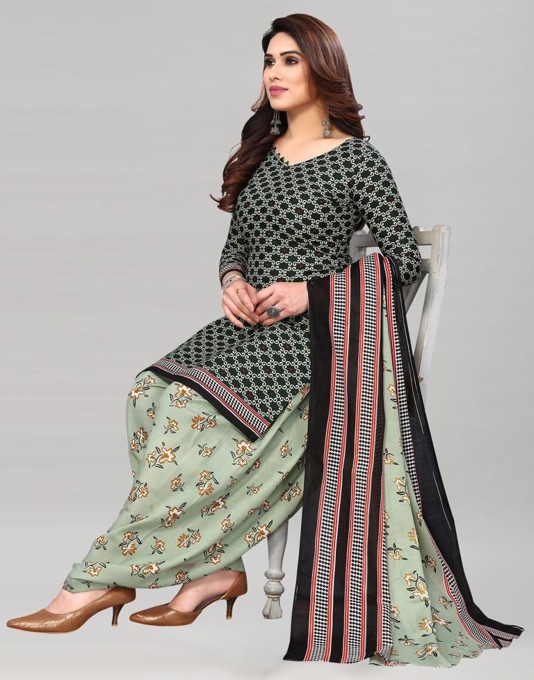 Dark Green Printed Cotton Unstitched Salwar Suit Material