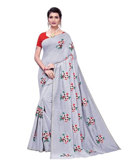 Grey Coloured Chanderi Thread Embroidery Saree | Leemboodi
