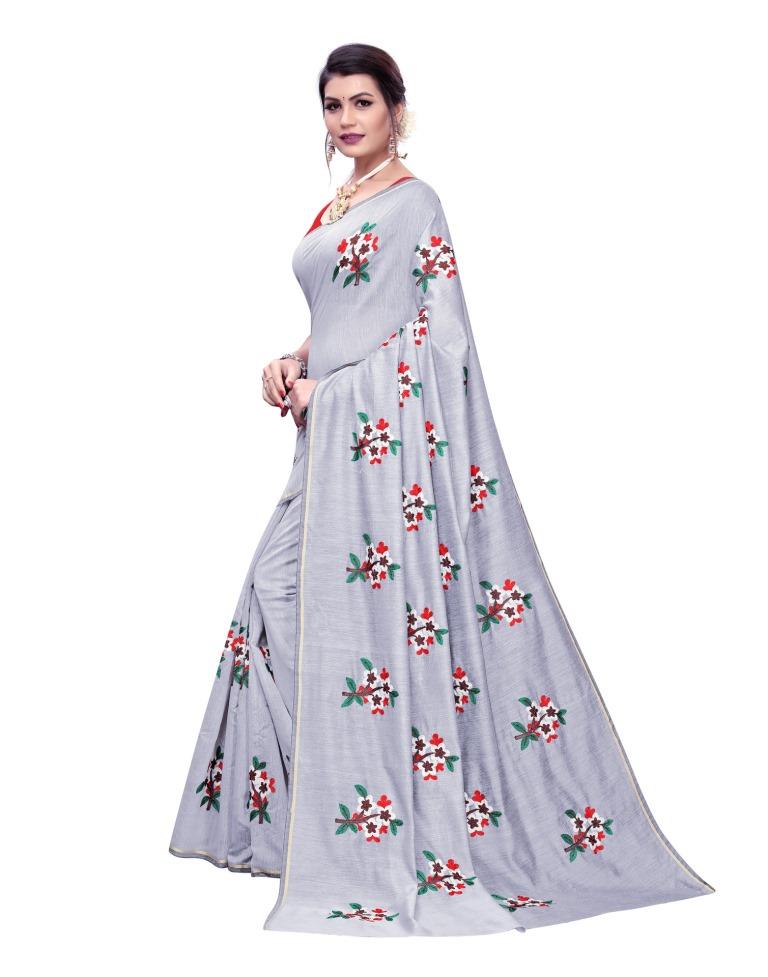 Grey Coloured Chanderi Thread Embroidery Saree | Leemboodi