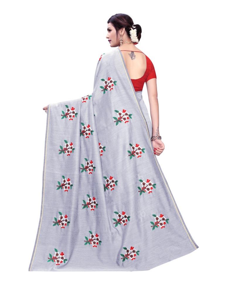 Grey Coloured Chanderi Thread Embroidery Saree | Leemboodi