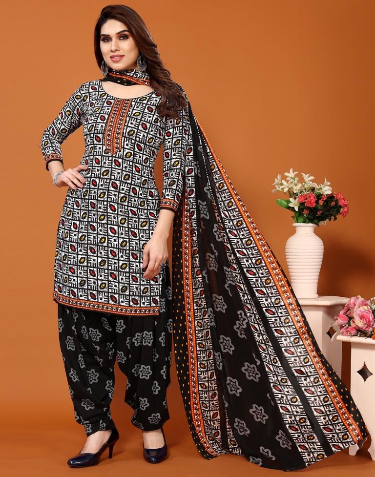 Black Printed Cotton Unstitched Salwar Suit Material