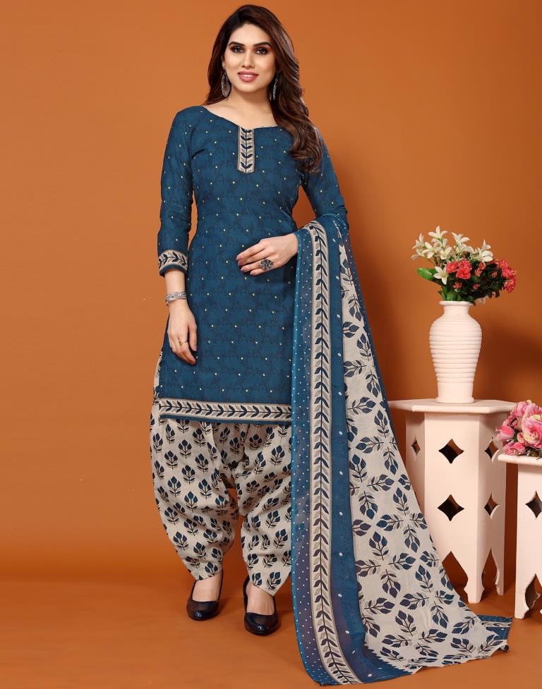 Blue Printed Cotton Unstitched Salwar Suit Material