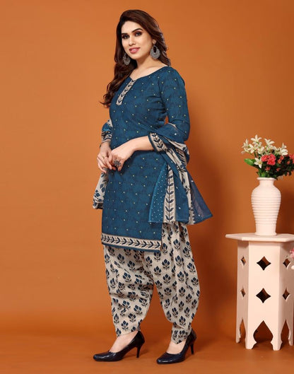 Blue Printed Cotton Unstitched Salwar Suit Material