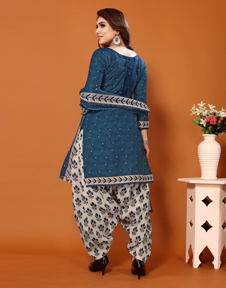 Blue Printed Cotton Unstitched Salwar Suit Material