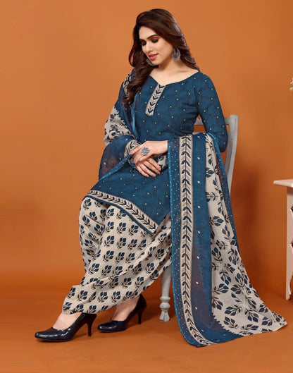 Blue Printed Cotton Unstitched Salwar Suit Material