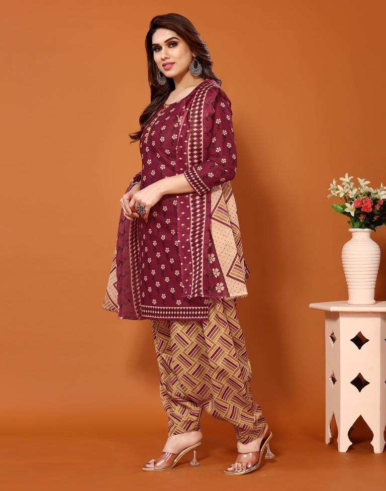 Maroon Printed Cotton Unstitched Salwar Suit Material