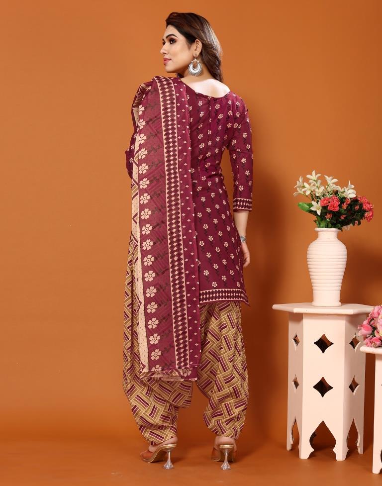 Maroon Printed Cotton Unstitched Salwar Suit Material