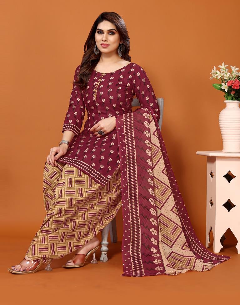 Maroon Printed Cotton Unstitched Salwar Suit Material